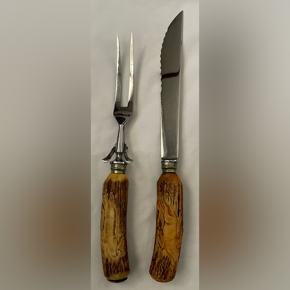 Vintage Solingen Anton Wingen Germany 2 Piece Carved Stag Handle Carving Set